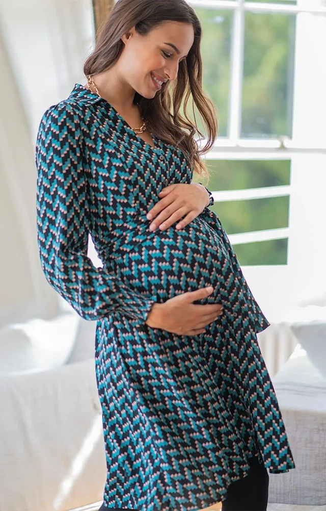 Alessandra | Teal Maternity & Nursing Shirt Dress