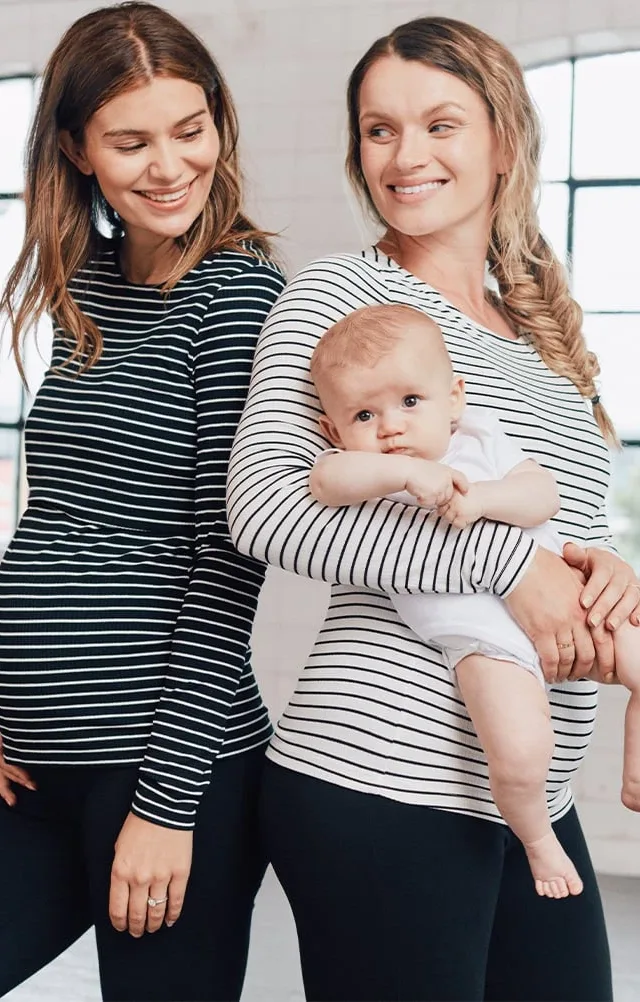 Anne | Twin Pack Maternity & Nursing Tops – Black & White Stripe