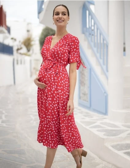 Bessie | Red Midi Wrap Maternity Dress