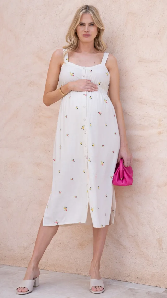 Cannon | Embroidered Button-Down Midi Maternity-To-Nursing Dress