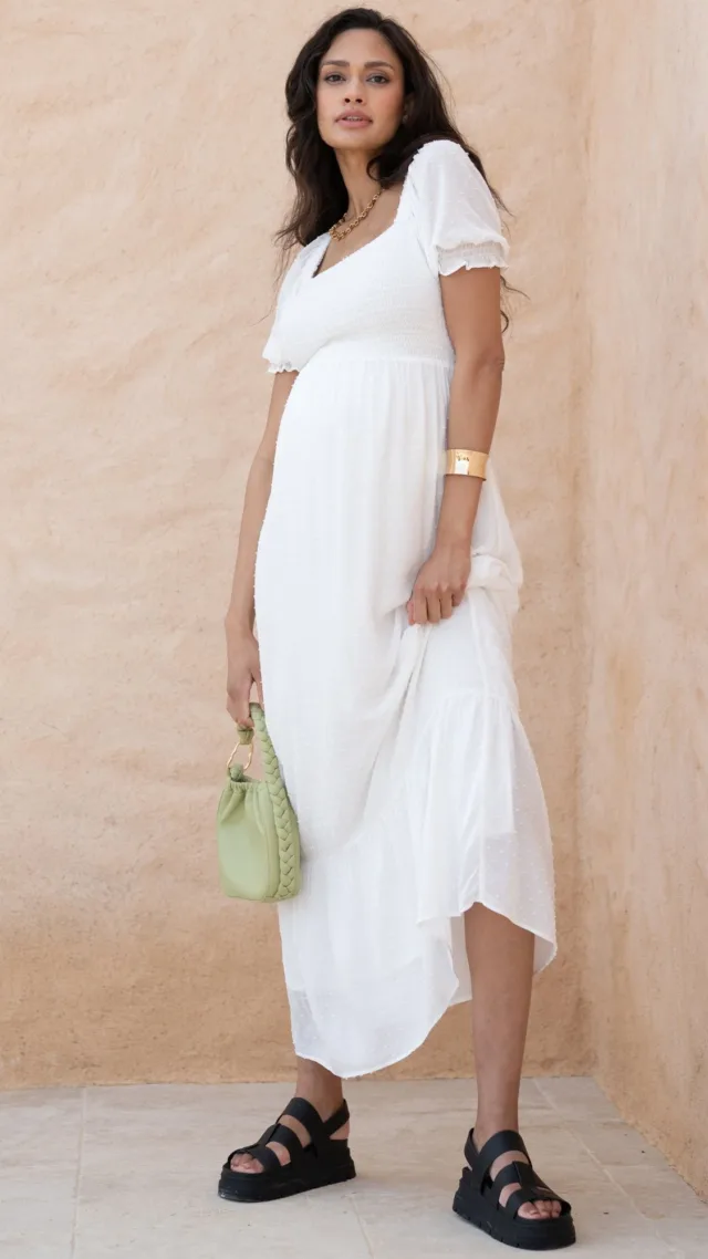 Carolina | White Shirred Maternity Maxi Dress