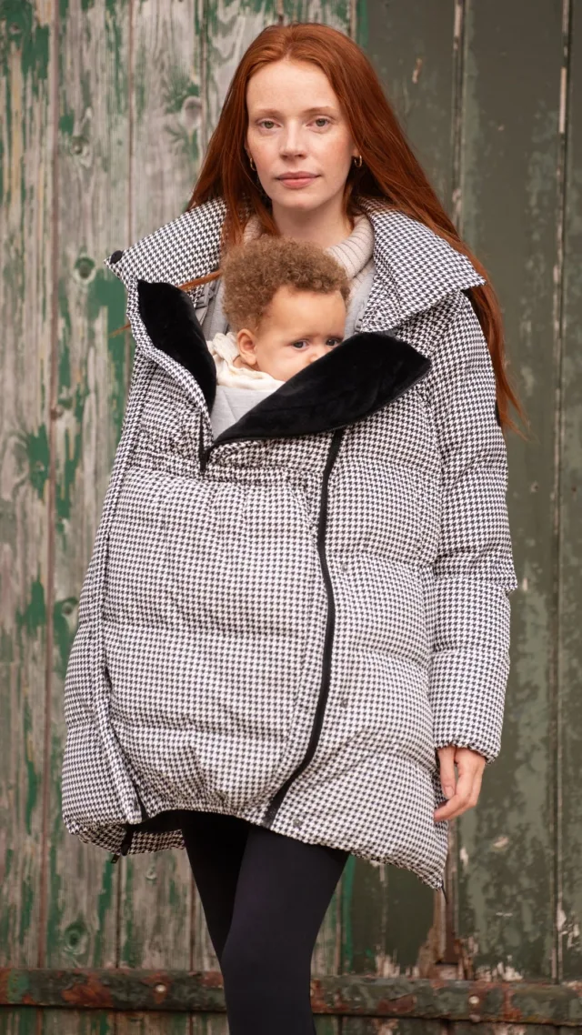 Cozette | Houndstooth Belted Puffer Maternity Coat