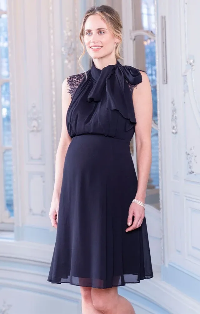 Galina | Midnight Blue Maternity & Nursing Dress With Neckline Tie