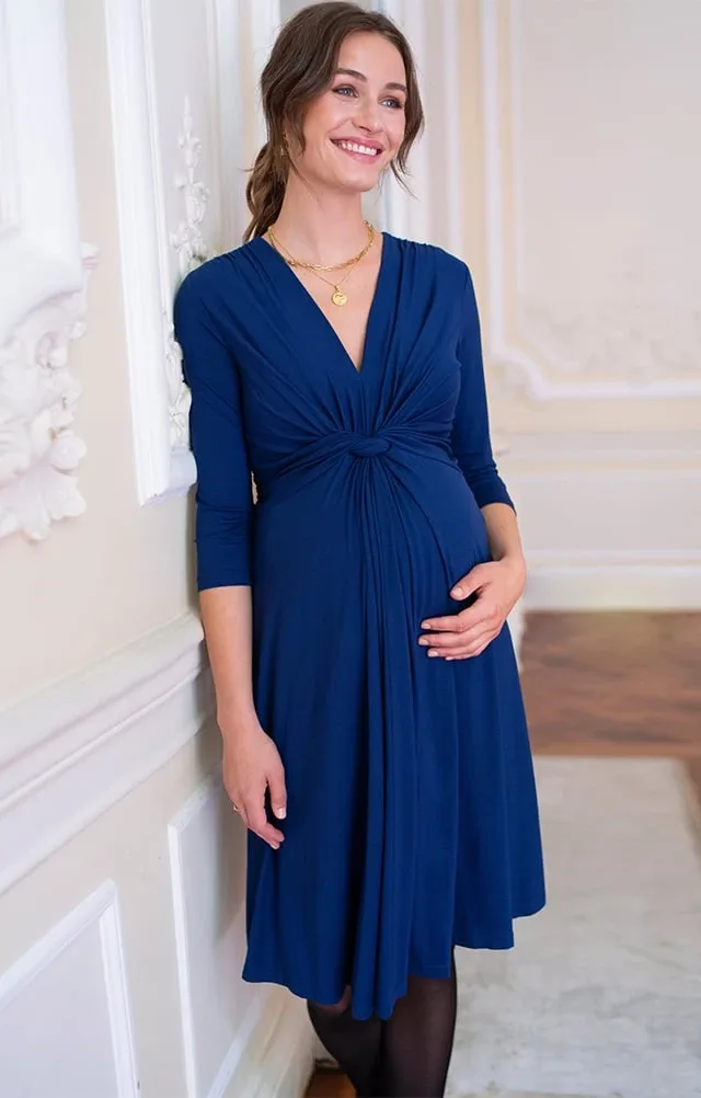 Jolene | Dark Blue Knot Front Maternity Dress