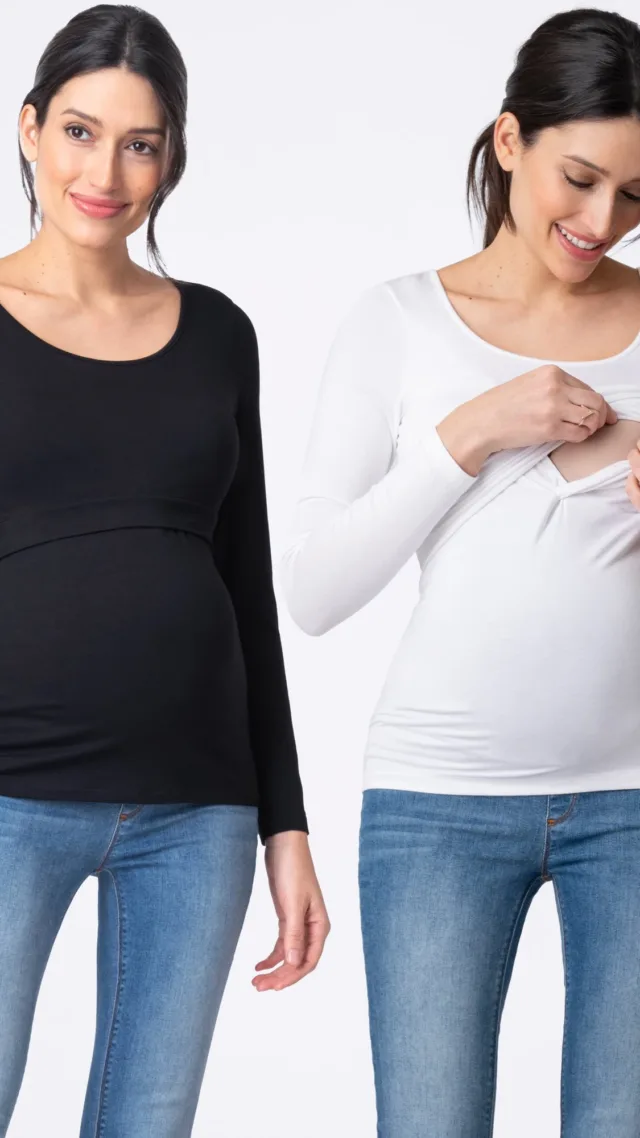 Laina | Twin Pack Maternity & Nursing Long Sleeve Tops – Black & White