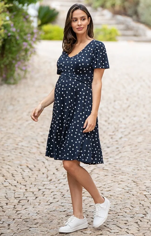 Meera | Navy & White Spot Print Maternity To Nursing Dress