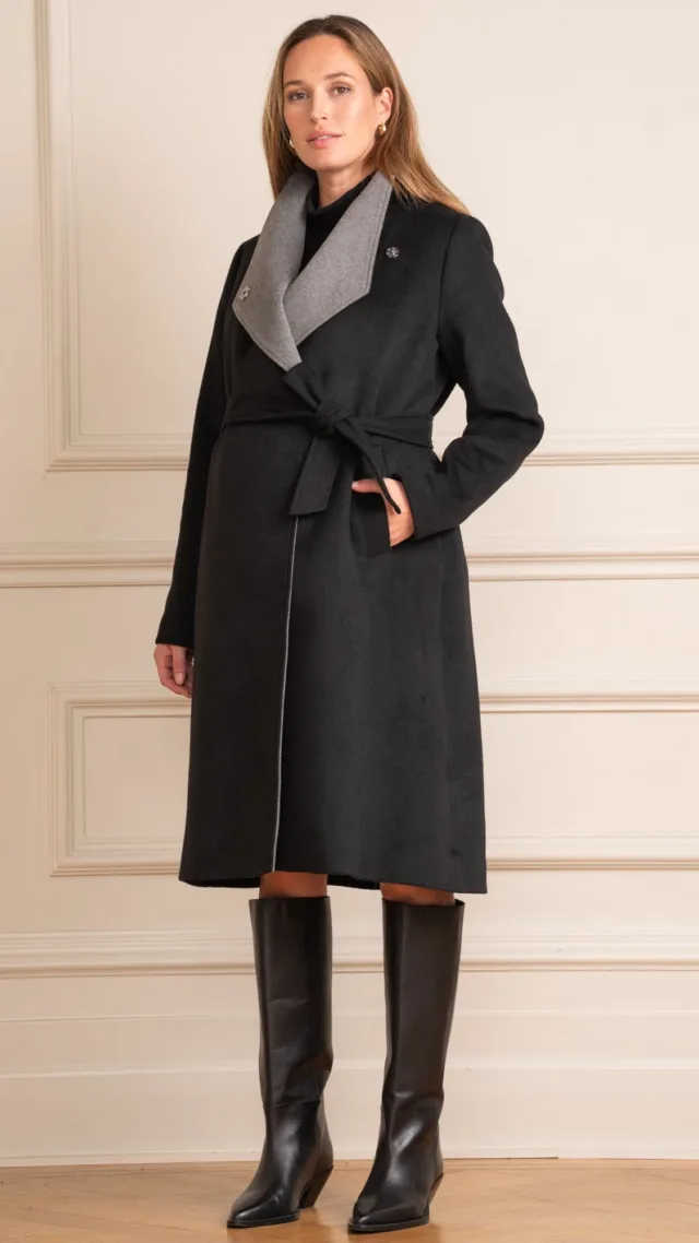 Sierra | Wool Blend Black Wrap Maternity Coat