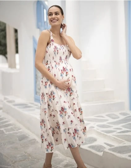 Tula | White Floral Tiered Midi Maternity Dress