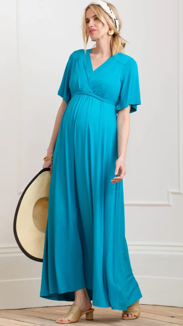 Turquoise Blue Jersey Maternity To Nursing Maxi Dress