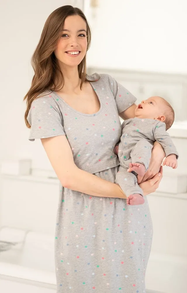 Zoelle | Spot Print Mama & Mini Maternity To Nursing Nightdress Set – Grey