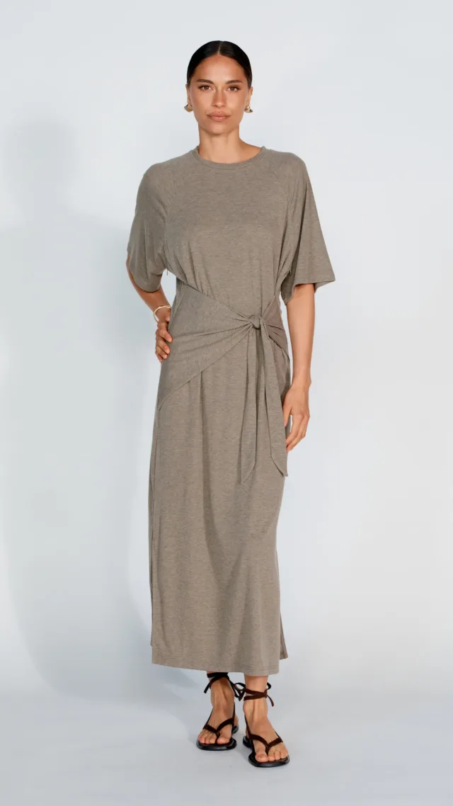 Alia Tie-Detail Box-Cut Tee Dress - Taupe