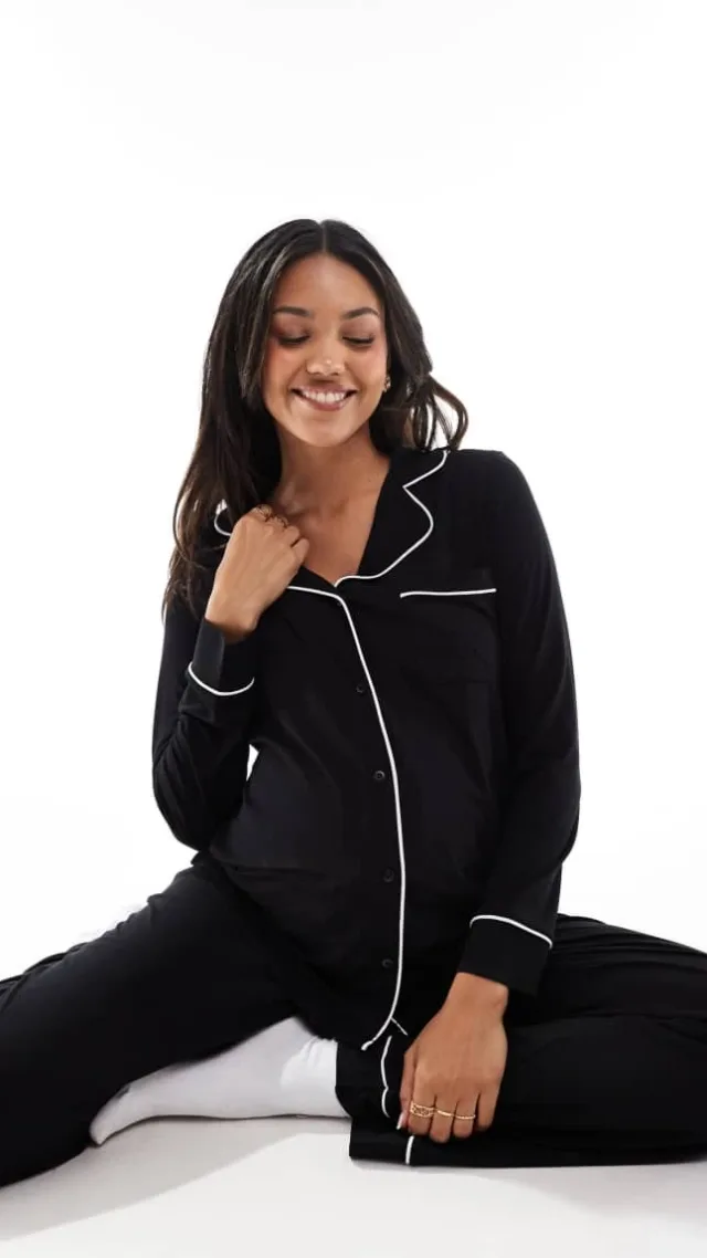 Asos Design Maternity Super Soft Long Sleeve Shirt & Pants Pajama Set With Contrast Piping In Black