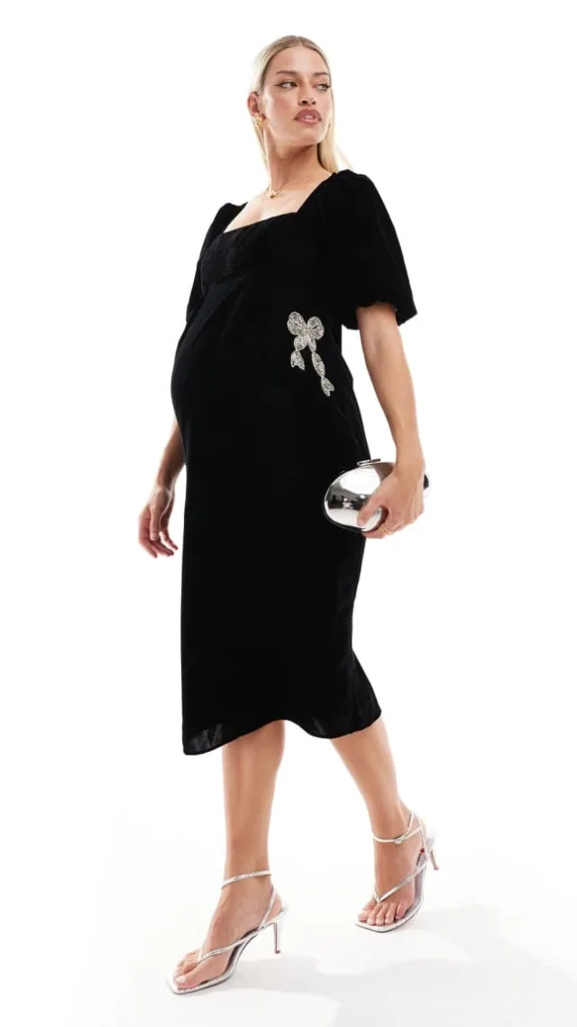 Hope & Ivy Maternity Velvet Square Neck Midi Dress With Embellished Bows In Black