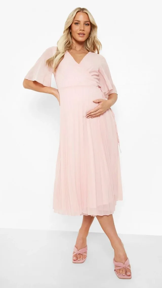 Baby Pink Maternity Wrap Pleated Skater Midi Dress