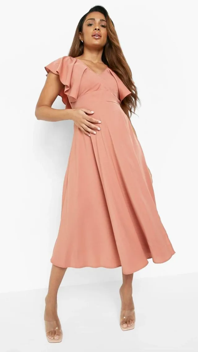 Baked Coral Maternity Occasion Tie Back Frill Midi Dress