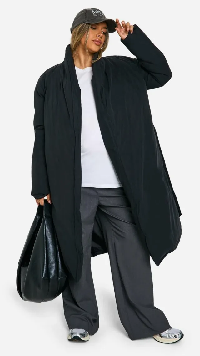 Black Maternity Belted Duvet Puffer Coat