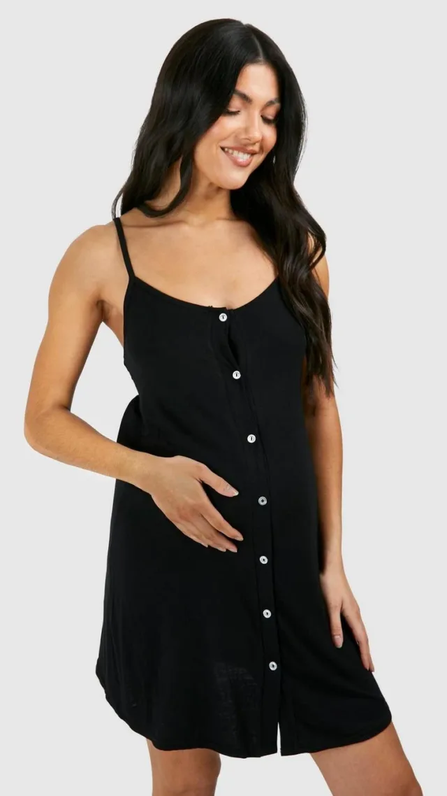 Black Maternity Button Down Strappy Nightgown