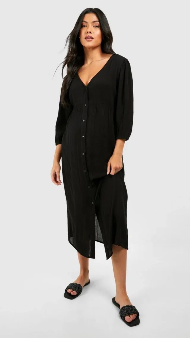 Black Maternity Cheesecloth Button Down Midi Dress