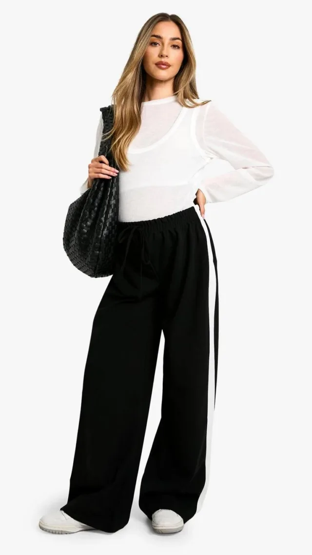 Black Maternity Contrast Side Stripe Wide Leg Trousers