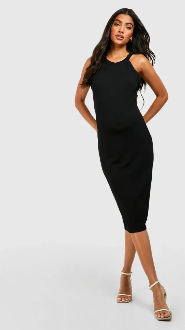 Black Maternity Crinkle Rib Racer Bodycon Dress