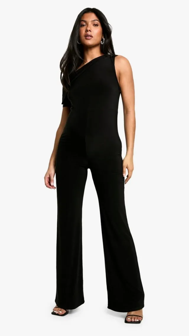 Black Maternity Double Layer Slinky Off The Shoulder Pleat Detail Wide Leg Jumpsuit