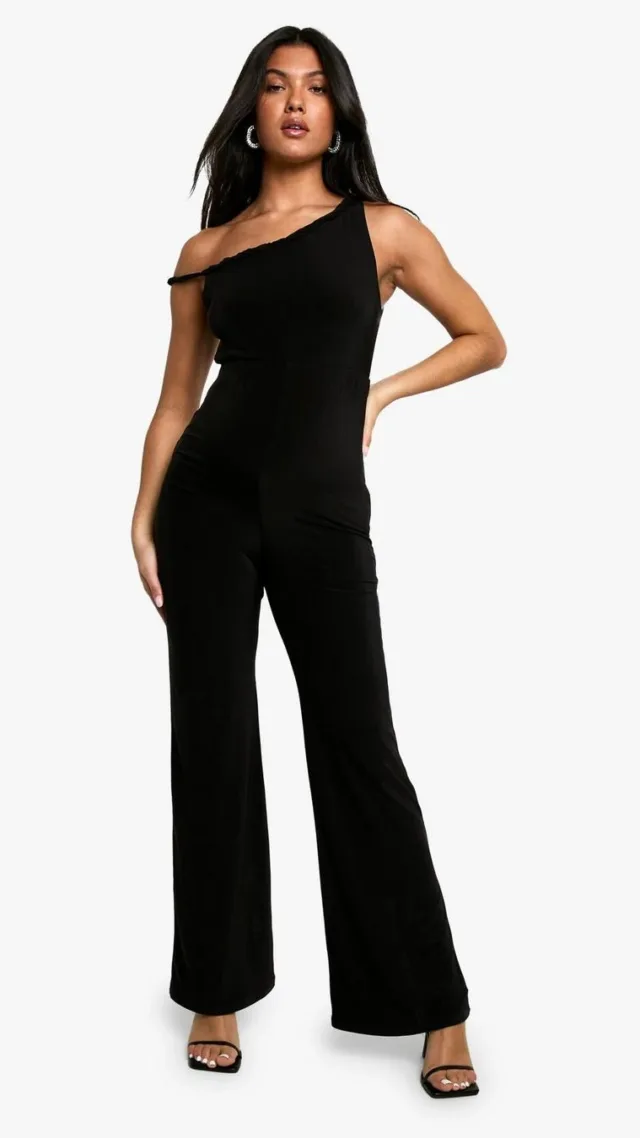 Black Maternity Double Layer Slinky Off The Shoulder Twist Strap Detail Wide Leg Jumpsuit