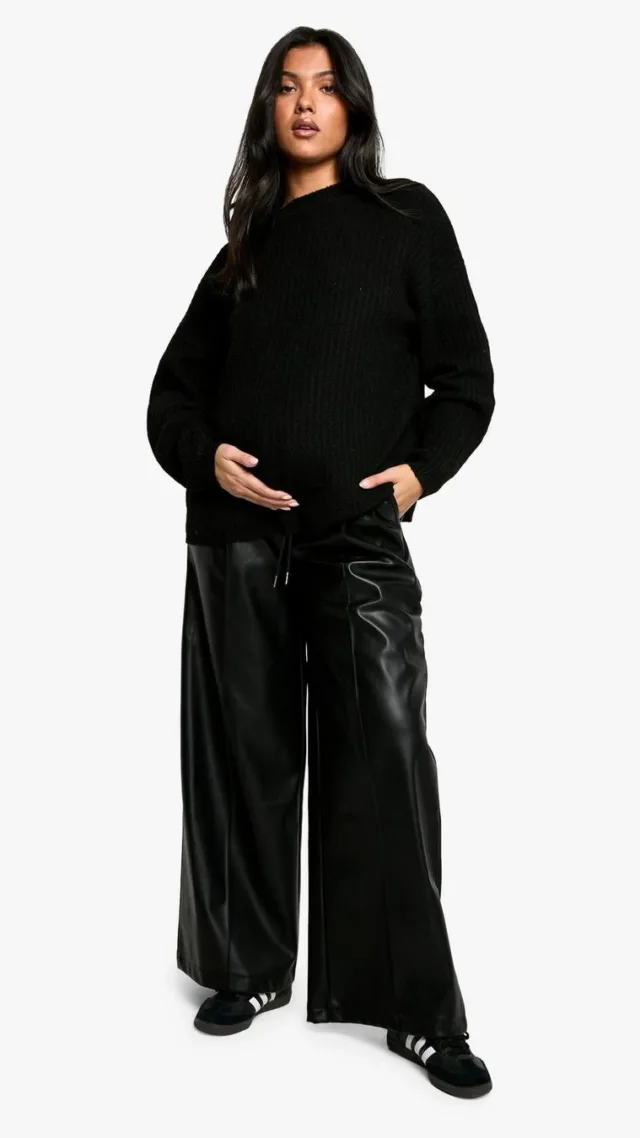 Black Maternity Elasticated Waist Pu Wide Leg Jogger