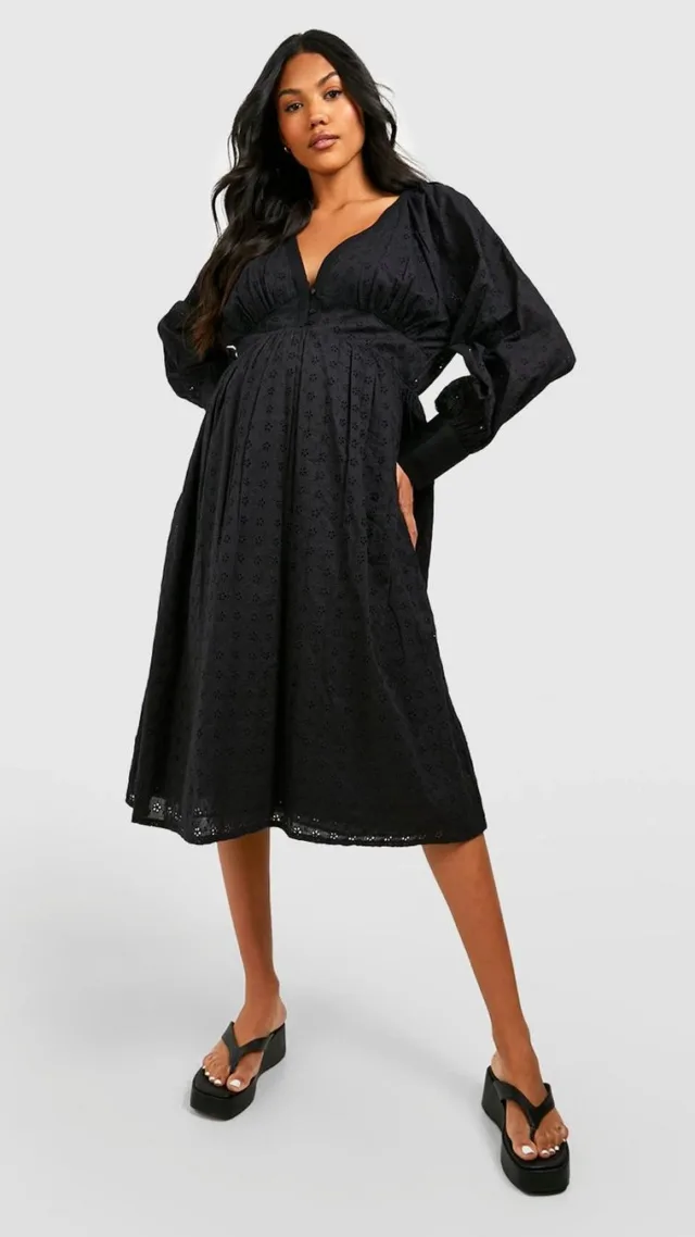 Black Maternity Eyelet Button Front Midi Dress