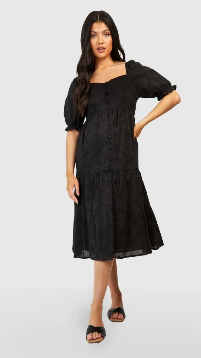 Black Maternity Eyelet Button Front Midi Dress