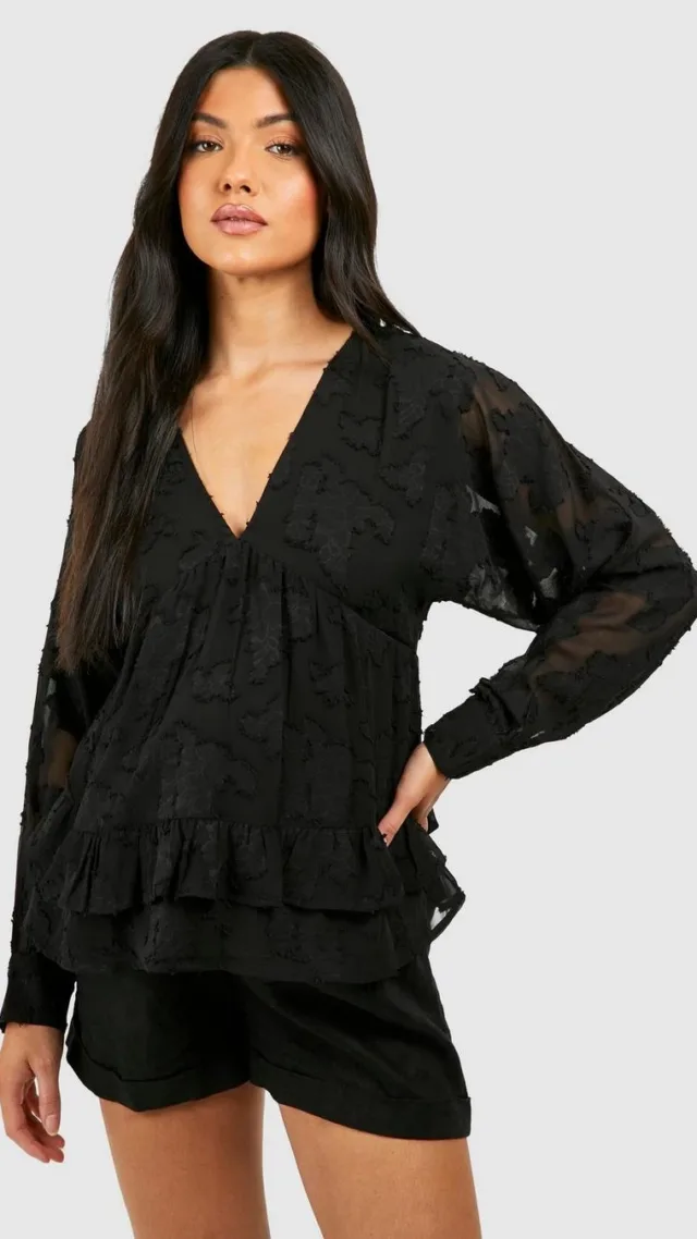 Black Maternity Floral Jacquard V Neck Smock Top