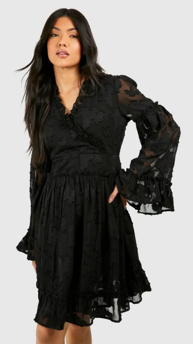 Black Maternity Floral Jacquard Wrap Smock Mini Dress