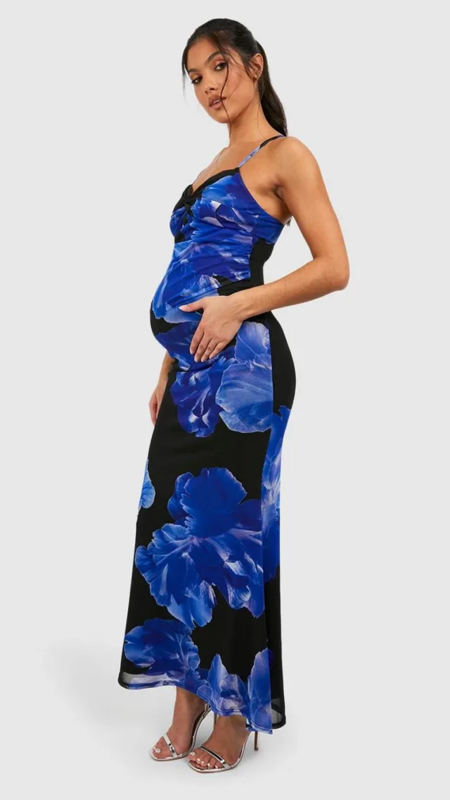 Black Maternity Floral Mesh Midi Dress