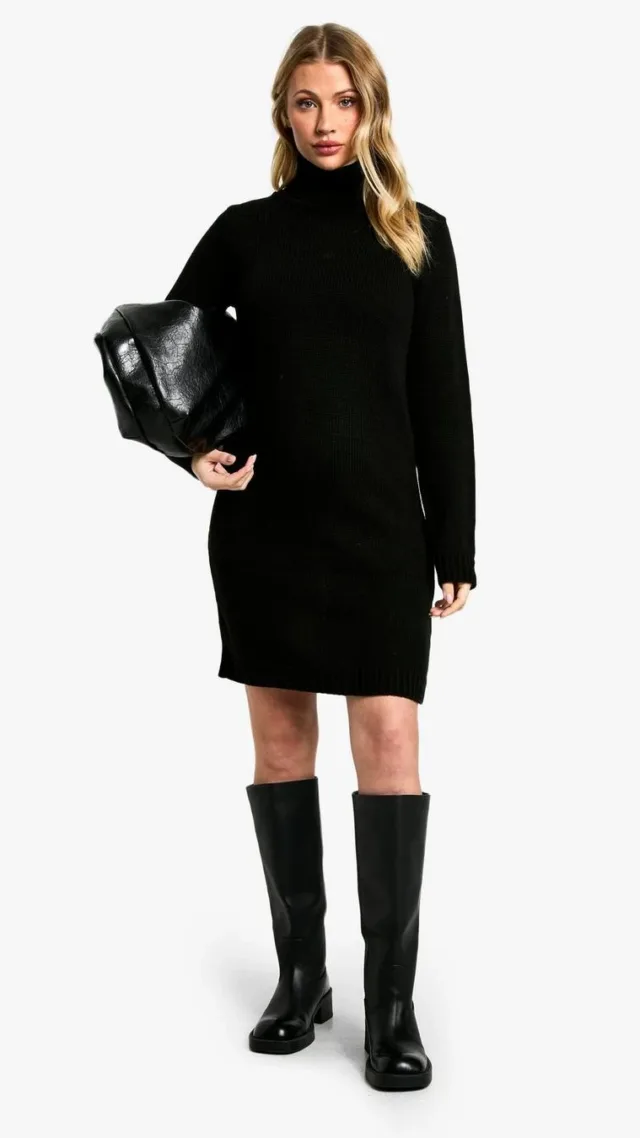 Black Maternity Knitted Turtleneck Dress