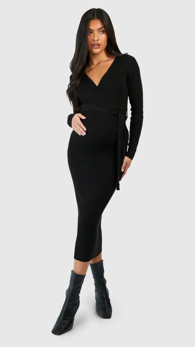 Black Maternity Knitted Wrap Midi Dress