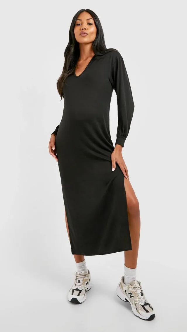 Black Maternity Melange Knit Polo Collar Midi Dress