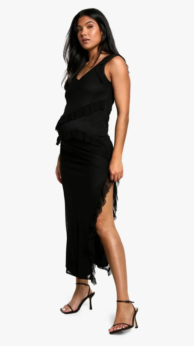 Black Maternity Mesh Ruffle Detail Side Split Midaxi Dress