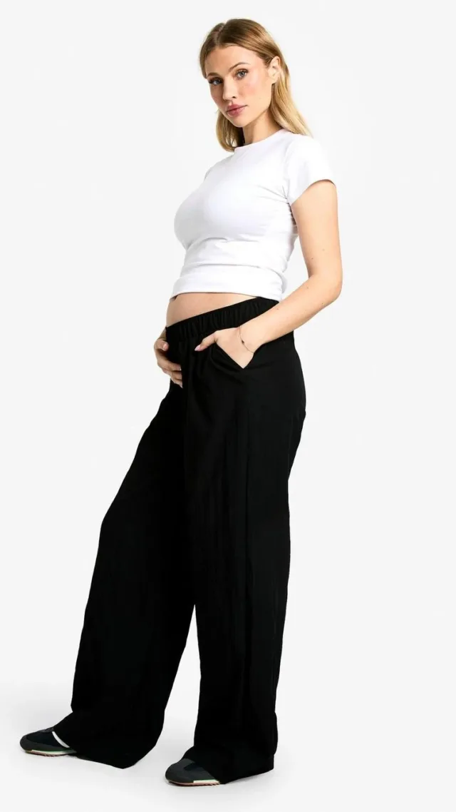 Black Maternity Nylon Elastic Wide Leg Trouser