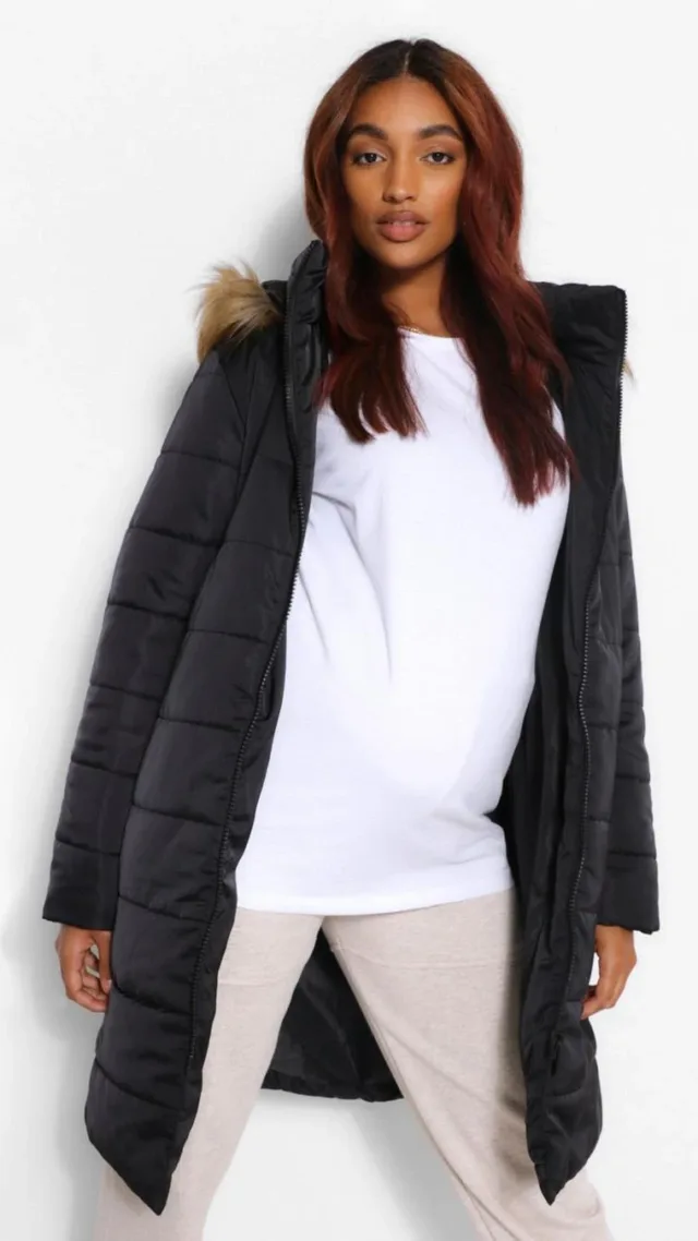 Black Maternity Padded Faux Fur Trim Coat