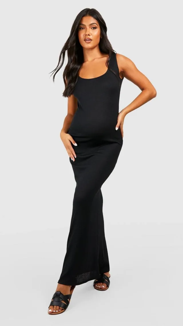 Black Maternity Rib Scoop Neck Maxi Dress