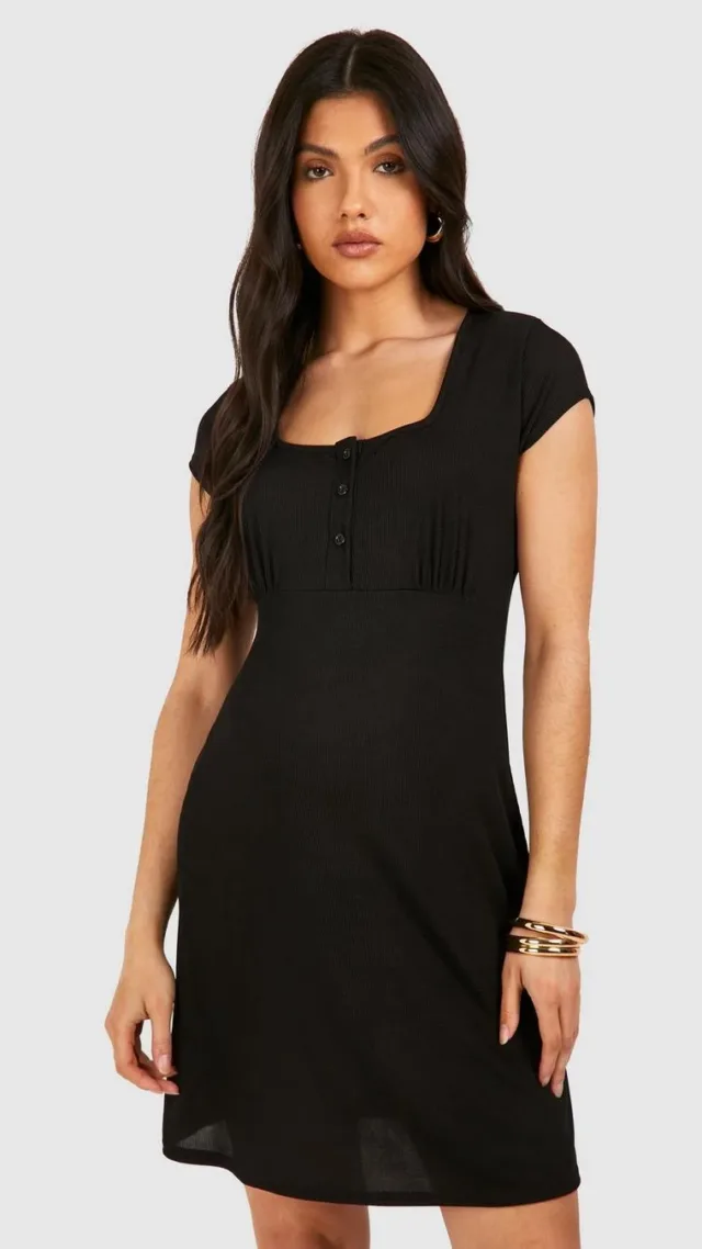 Black Maternity Ribbed Milkmaid Mini Smock Dress