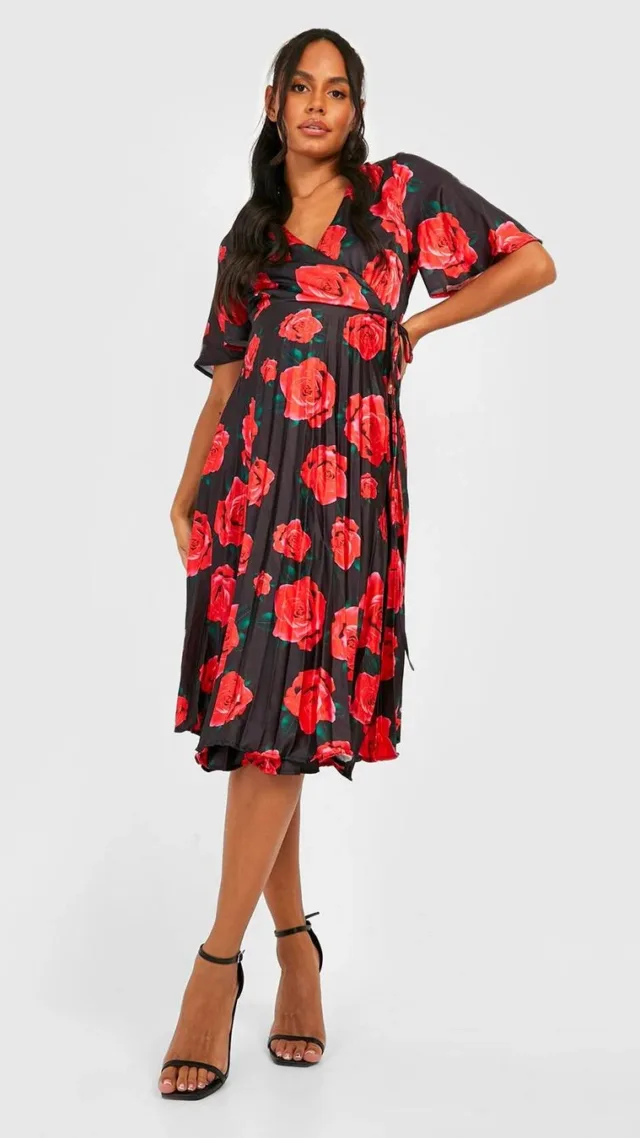 Black Maternity Rose Print Wrap Pleated Midi Skater Dress