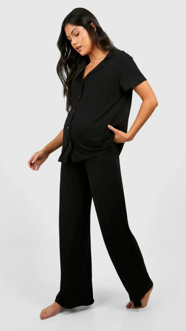 Black Maternity Short Sleeve Peached Jersey Knit Pants Set