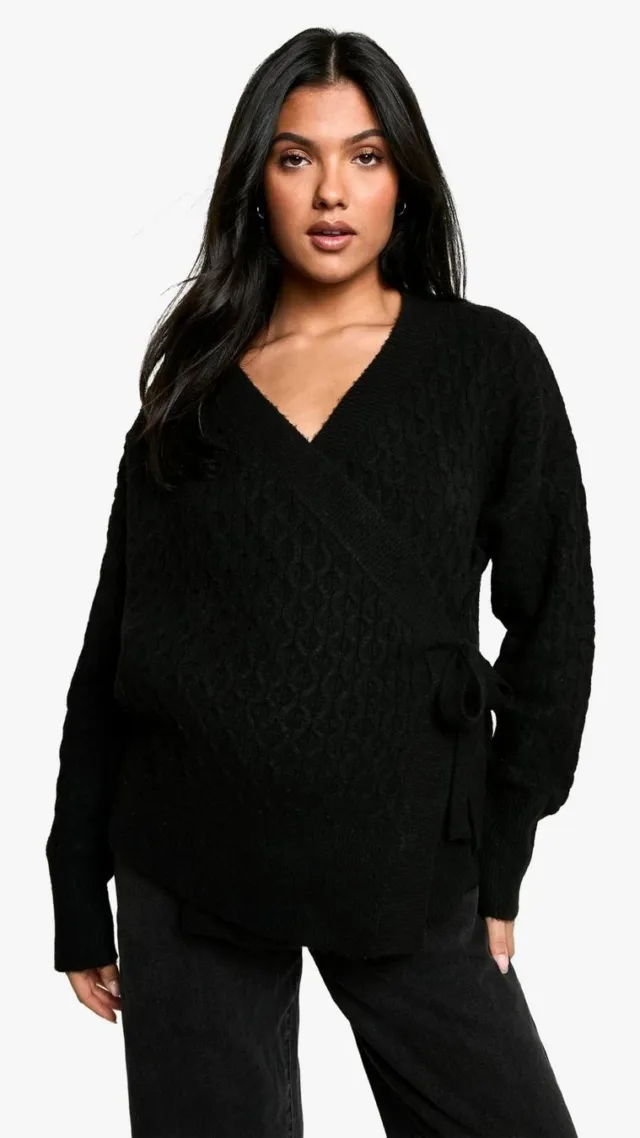 Black Maternity Soft Cable Knitted Wrap Cardigan