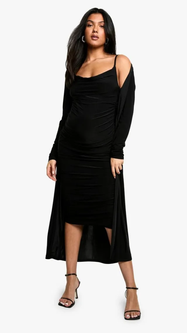 Black Maternity Strappy Cowl Neck Dress And Duster Coat