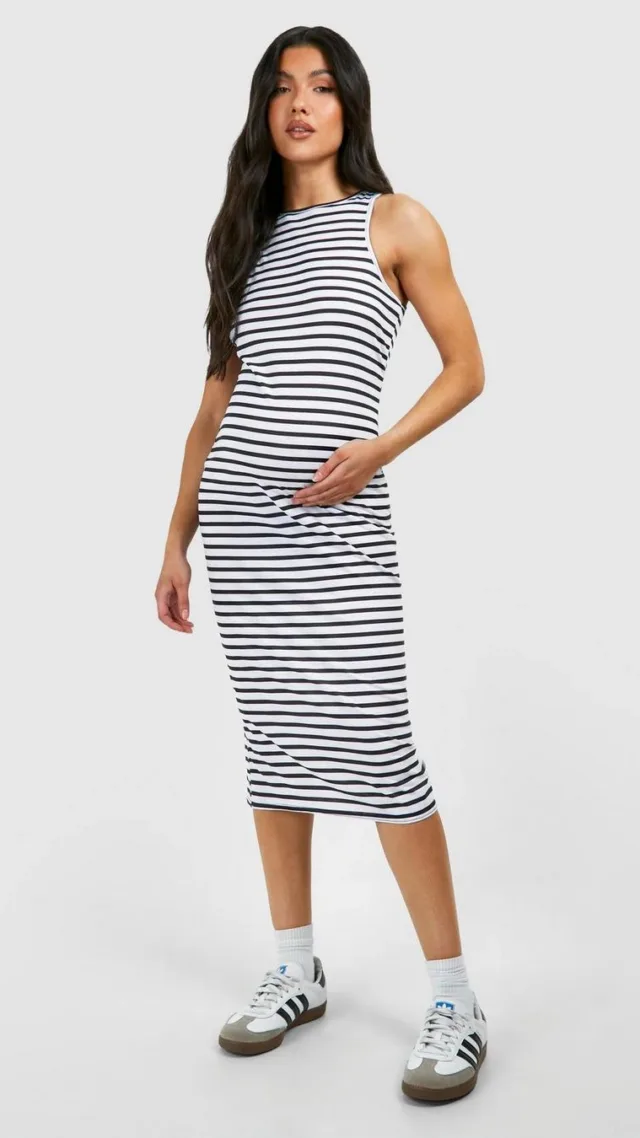 Black Maternity Stripe Racer Neck Midi Dress