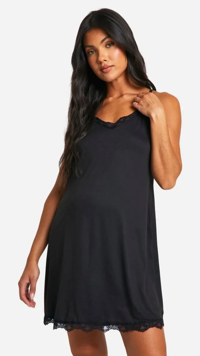 Black Maternity Super Soft Lace Trim Nightgown