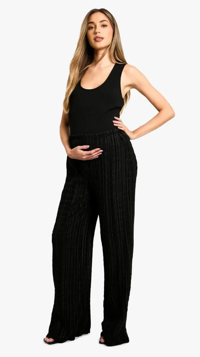 Black Maternity Textured Crinkle Wide Leg Trousers