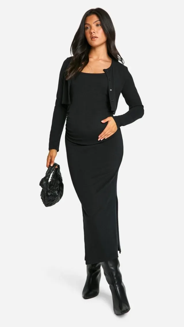 Black Maternity Textured Rib Strappy Side Split Midi Dress & Crop Cardigan