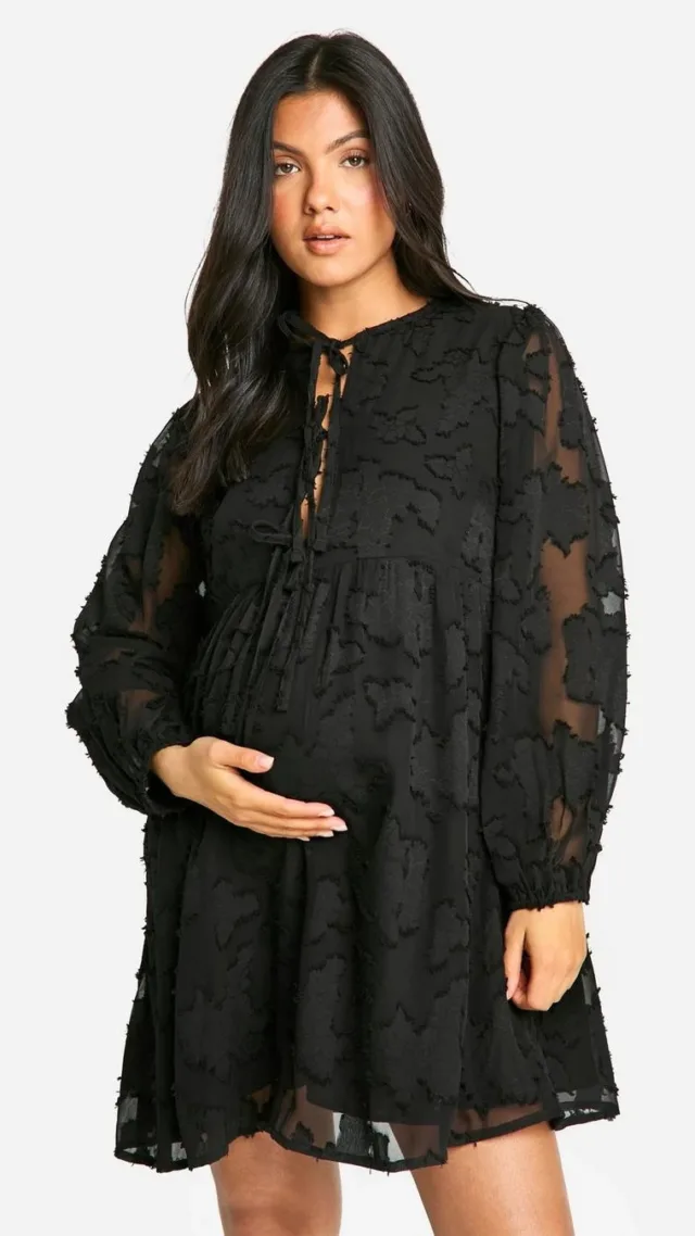 Black Maternity Tie Front Burn Out Long Sleeve Smock Dress