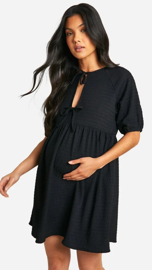 Black Maternity Tie Front Short Sleeve Smock Dress